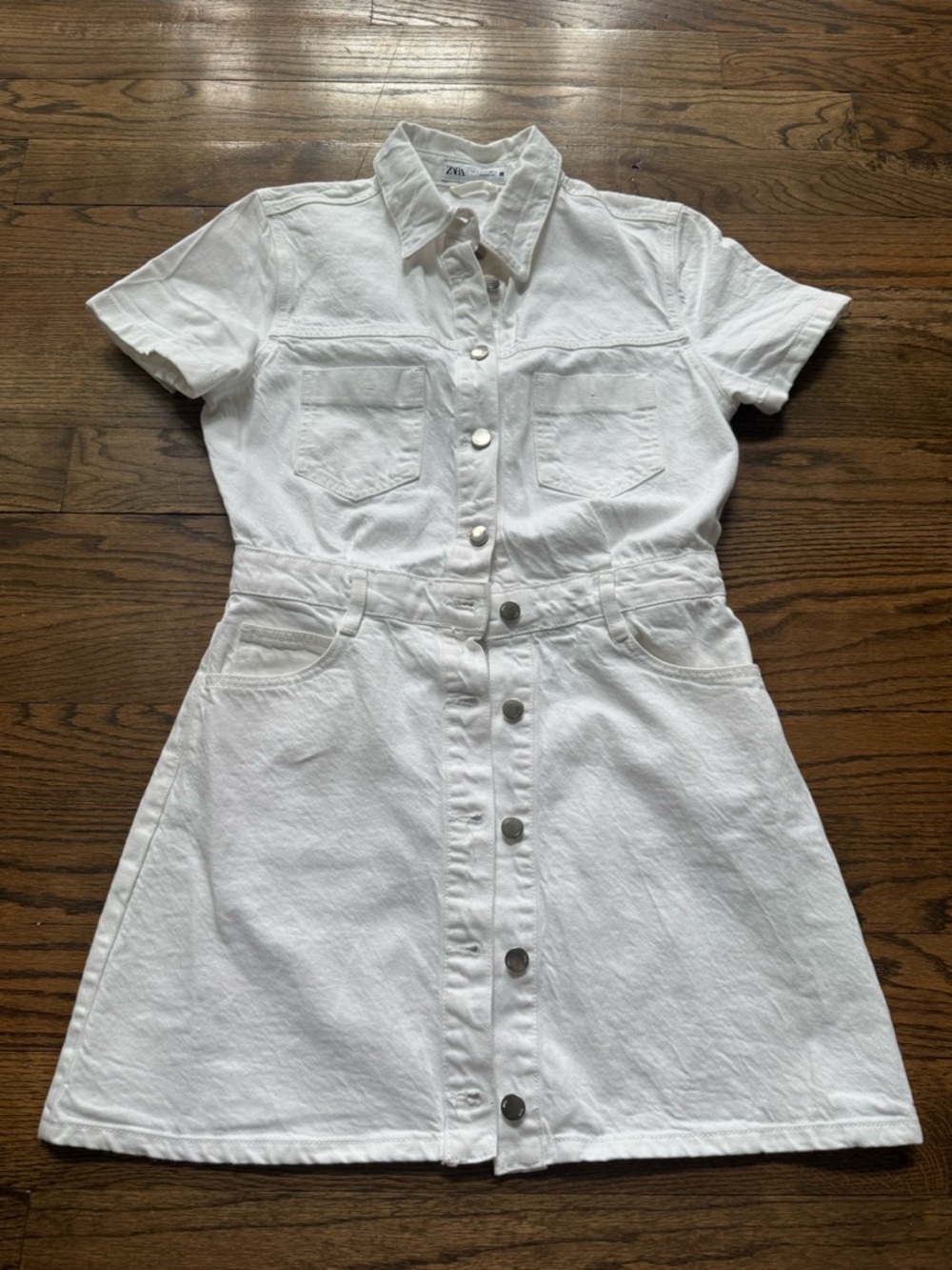 Zara White Denim Shirt Dress Button Front Utility Pockets Short Sleeve Size M